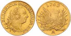 BRANDENBURG-PREUSSEN, Friedrich II. der Große, 1740-1786, Friedrichs d'or 1763 A, Berlin.
GOLD, sehr seltenes Jahr, ss
Frbg.2392