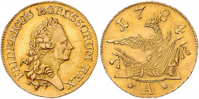 BRANDENBURG-PREUSSEN, Friedrich II. der Große, 1740-1786, Friedrichs d'or 1784 A. 6,61g.
GOLD, kl.Kr., ss-vz
Frbg.2411; Old.435; v.Schr.395