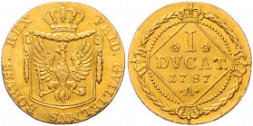 BRANDENBURG-PREUSSEN, Friedrich Wilhelm II., 1786-1797, Handelsdukat 1787 A, Berlin. 3,47g.
GOLD, ss+
Frbg.2419; Old.62; v.Schr.220