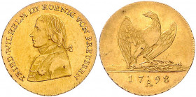 BRANDENBURG-PREUSSEN, Friedrich Wilhelm III., 1797-1840, Friedrichs d'or 1798 A. 6,65g.
GOLD, kl.Druckstelle, ss+
Frbg.2425; J.101