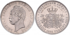 ANHALT-DESSAU, Leopold Friedrich, 1817-1871, Vereinstaler 1863 A. Vereinigtes Herzogtum.
Prachtex., PCGS MS-63
AKS 35; T.11; Dav.510