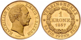 BAYERN, Maximilian II., 1848-1864, Vereinskrone 1857. 11,11g. Nur 771 Exemplare geprägt.
GOLD, Prachtex., sehr selten, vz-st
AKS 140; J.131