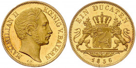 BAYERN, Maximilian II., 1848-1864, Dukat 1856. 3,47g. Aufl. 3.287 Ex.
GOLD, vz aus PP
AKS 142; J.127; Frbg.277
