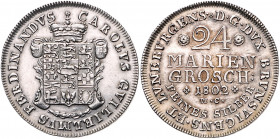 BRAUNSCHWEIG-LÜNEBURG, Karl Wilhelm Ferdinand, 1780-1806, 24 Mariengroschen 1802 MC, Braunschweig. Feinsilber. 13,02g.
Vs.l.gereinigt, Rs.Sr., ss/f.v...