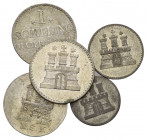 HAMBURG, Freie und Hansestadt, Schilling 1840 HSK (vz), 1855 (2x vz+vz/st), Sechsling 1855 (ss), Dreiling 1855 (s).
5 Stk., s bis vz/st
AKS 16