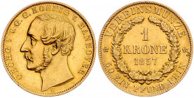 HANNOVER, Georg V., 1851-1866, Vereinskrone 1857 B. 11,08g.
GOLD, vz
AKS 140; J.135; Frbg.1183; KM 232