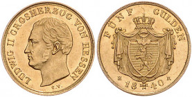 HESSEN-DARMSTADT, Ludwig II., 1830-1848, 5 Gulden 1840 HR. 3,36g.
GOLD, attraktives Prachtex., kl.Druckstelle, f.st
AKS 98; J.62; Frbg.1232