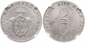 MECKLENBURG-SCHWERIN, Friedrich Franz I., 1785-1837, 2/3 Taler 1817. Aufl. 6.783 Ex.
NGC MS-62+
AKS 8; J.22