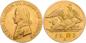 PREUSSEN, Friedrich Wilhelm III., 1797-1840, Doppelfriedrichs d'or 1801 A, Berlin. 13,23g.
GOLD, ss
J.105; v.Schr.1; Frbg.2421; KM 381