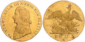 PREUSSEN, Friedrich Wilhelm III., 1797-1840, Friedrichs d'or 1809 A. 6,62g.
GOLD, kl.Rdf., ss+
AKS 3; J.104A
