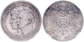 ANHALT, Friedrich II., 1904-1918, 5 Mark 1914 A. Silberhochzeit.
Prachtex. mit feiner Tönung, NGC PF-61
J.25