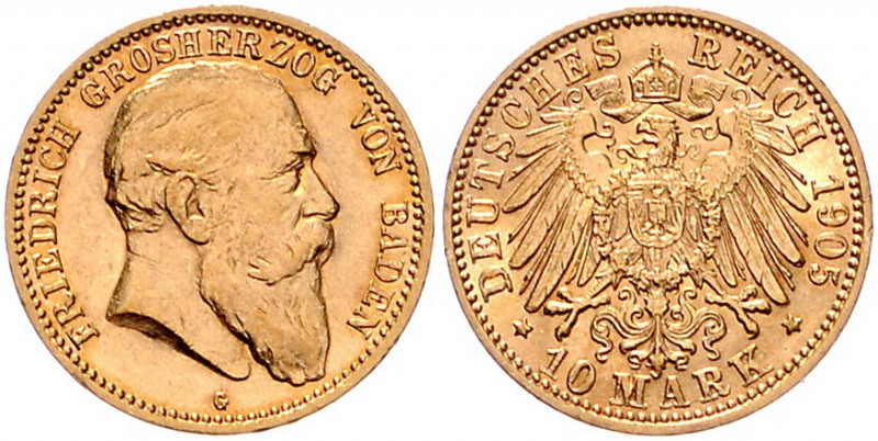 BADEN, Friedrich I., 1852-1907, 10 Mark 1905 G.
st
J.190