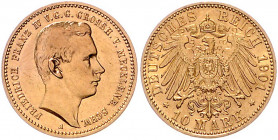 MECKLENBURG-SCHWERIN, Friedrich Franz IV., 1897-1918, 10 Mark 1901 A. Regierungsantritt.
vz-st
J.233