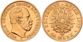 PREUSSEN, Wilhelm I., 1861-1888, 20 Mark 1877 C. Die seltenste Münze dieses Typs.
selten, f.st
J.246
