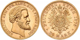 REUSS-GREIZ, Heinrich XXII., 1859-1902, 20 Mark 1875 B. Aufl. 1.500 Ex.
Prachtex. mit schönem Prägeglanz, sehr selten, st
J.254
