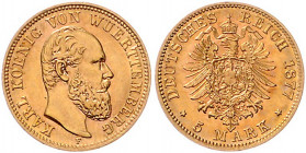 WÜRTTEMBERG, Karl, 1864-1891, 5 Mark 1877 F.
st
J.291