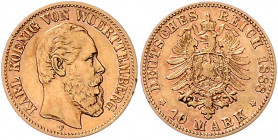 WÜRTTEMBERG, Karl, 1864-1891, 10 Mark 1888 F.
vz-st
J.292