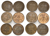WEIMARER REPUBLIK, 1919-1933, 4 Reichspfennig 1932 A, D, E (alle vz), F (vz/st), G, J (beide vz).
6 Stk., vz bis vz/st
J.315