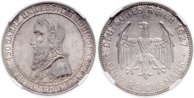 WEIMARER REPUBLIK, 1919-1933, 5 Reichsmark 1927 F. Tübingen.
Prachtex., NGC MS-64
J.329