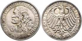 WEIMARER REPUBLIK, 1919-1933, 3 Reichsmark 1928 D. Dürer.
vz/st
J.332