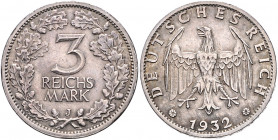 WEIMARER REPUBLIK, 1919-1933, 3 Reichsmark 1932 J.
f.vz
J.349; AKS 31