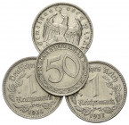 DRITTES REICH, 1933-1945, 1 Reichsmark 1933 E, 1934 D, 1937 F; 50 Reichspfennig 1939 J.
4 Stk., vz
J.354; 365