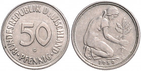 VERPRÄGUNGEN , 50 Pfennig 1950 G. Kehrprägung.
selten, ss-vz
J.384