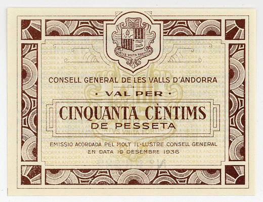 ANDORRA, Consell General de les Valls d'Andorra, 50 Centims 19.12.1936.
I
Pick...