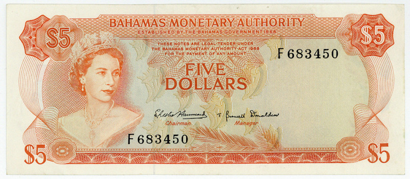 BAHAMAS, Bahamas Monetary Authority, 5 Dollars 1968, orange.
pinholes, I-II
Pi...
