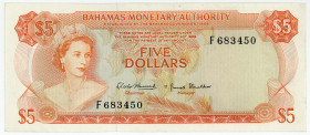 BAHAMAS, Bahamas Monetary Authority, 5 Dollars 1968, orange.
pinholes, I-II
Pick 29a