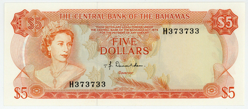BAHAMAS, Central Bank of the Bahamas, 5 Dollars 1974, Orange. Sign. T.B.Donaldso...