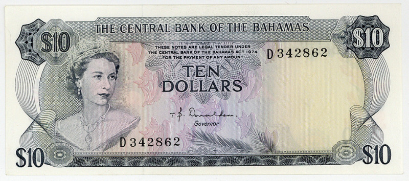 BAHAMAS, Central Bank of the Bahamas, 10 Dollars 1974, blue. Sign. T.B.Donaldson...