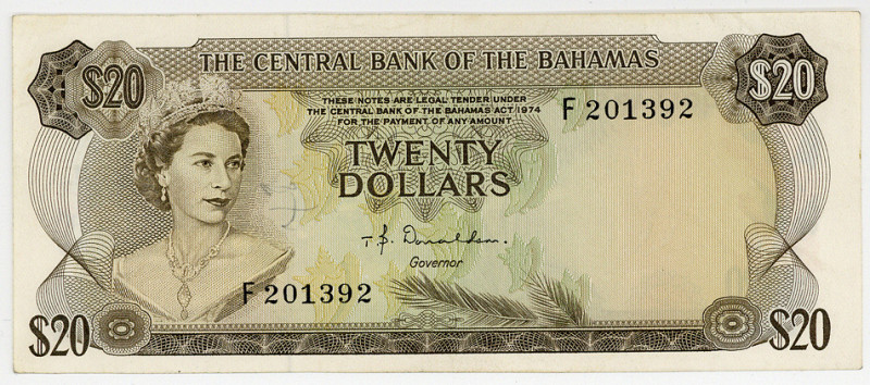 BAHAMAS, Central Bank of the Bahamas, 20 Dollars 1974, brown. Sign. T.B.Donaldso...