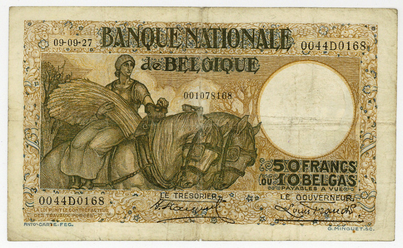BELGIEN, Banque Nationale de Belgique, 50 Francs = 10 Belgas 09.09.1927.
gefalt...