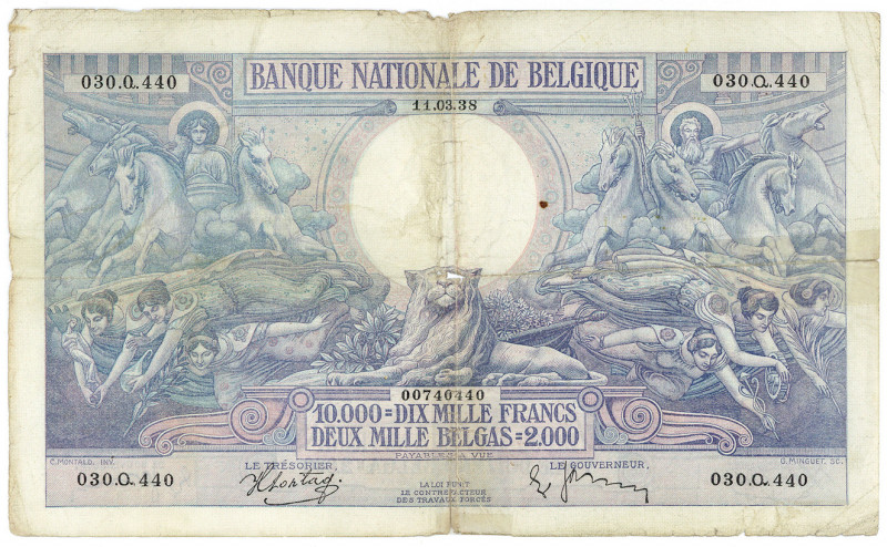 BELGIEN, Banque Nationale de Belgique, 10.000 Francs = 2000 Belgas 11.03.1938.
...