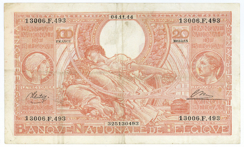 BELGIEN, Banque Nationale de Belgique, 100 Francs = 20 Belgas 04.11.1944.
III-...