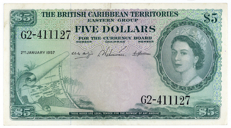BRITISH CARIBBEAN TERRITORIES, Currency Board, 5 Dollars 2.1.1957.
I-II
Pick 9...