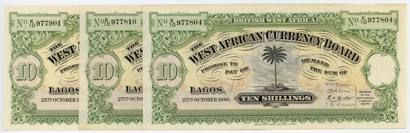 BRITISH WEST AFRIKA, West African Currency Board, 10 Shillings 25.10.1946. 3 Stü...