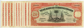 BRITISH WEST AFRIKA, West African Currency Board, 20 Shillings 12.01.1945, 31.01.1946(5x), 25.10.1946, 01.01.1947(5x). 12 Scheine.
12 Stk., III/IV
P...