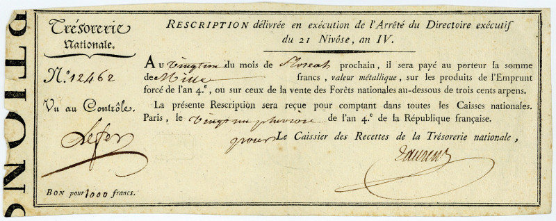 FRANKREICH, Rescriptions de L'Emprunt Force, 1000 Francs 21 Nivose An IV (11.1.1...