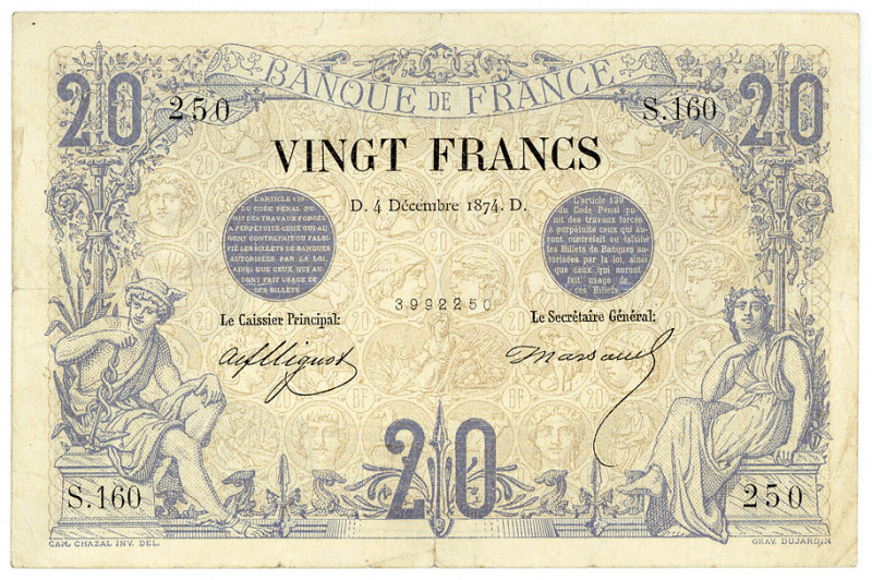 FRANKREICH, Banque de France, 20 Francs 04.12.1874.
III
Pick 61a