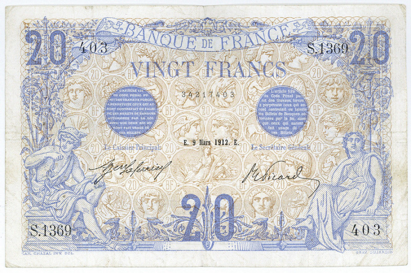 FRANKREICH, Banque de France, 20 Francs 09.03.1912.
Pinholes, kleiner Einriss, ...