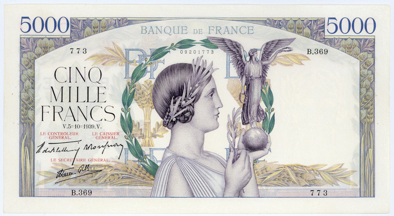 FRANKREICH, Banque de France, 5000 Francs 05.10.1939.
Pinholes, I/I-
Pick 97a