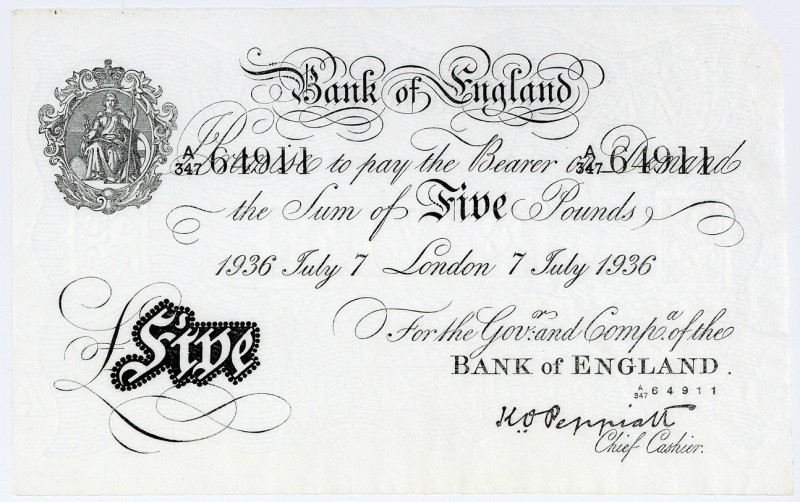 GROSSBRITANNIEN, Bank of England, 5 Pounds 07.07.1936, London. Deutsche Fälschun...