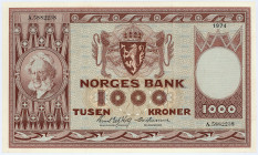NORWEGEN, Norges Bank, 1000 Kroner 1974 2x gefaltet, dennoch unzirkuliert.
II
Pick 35e