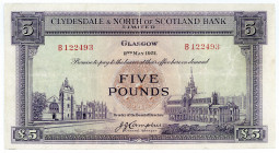 SCHOTTLAND, Clydesdale & North of Scotland Bank, 5 Pounds 02.05.1951, Glasgow, Sign. Campbell.
III
Pick 192a