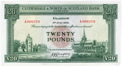 SCHOTTLAND, Clydesdale & North of Scotland Bank, 20 Pounds 01.06.1955, Glasgow, Sign. Campbell.
II-III
Pick 193a