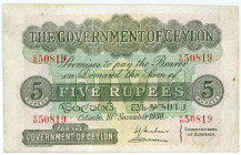 SRI LANKA / CEYLON, Government of Ceylon, 5 Rupees 10.11.1938.
III
Pick 23b