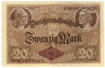 DEUTSCHES REICH BIS 1945, Reichsbanknoten und Reichskassenscheine, 20 Mark 05.08.1914, KN 7-stellig, Serie P.
II
Ros.49b; Grab.DEU-55b