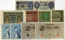 DEUTSCHES REICH BIS 1945, Reichsbanknoten und Reichskassenscheine, 20 Mark 7.2.1908(III), 100 Mark 7.2.1908 (I), 100 Mark 7.2.1908 (I), 1.000 Mark 21....